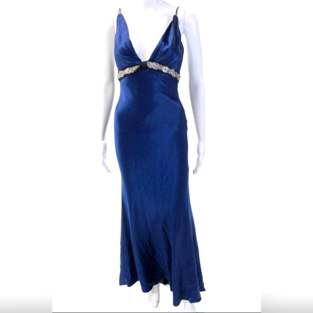 Vera Wang Navy Blue Satin Evening Gown Deep V Neck Size 2